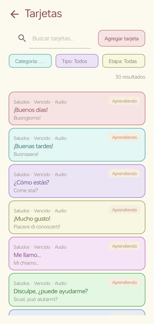 Vorelo — lista fiszek