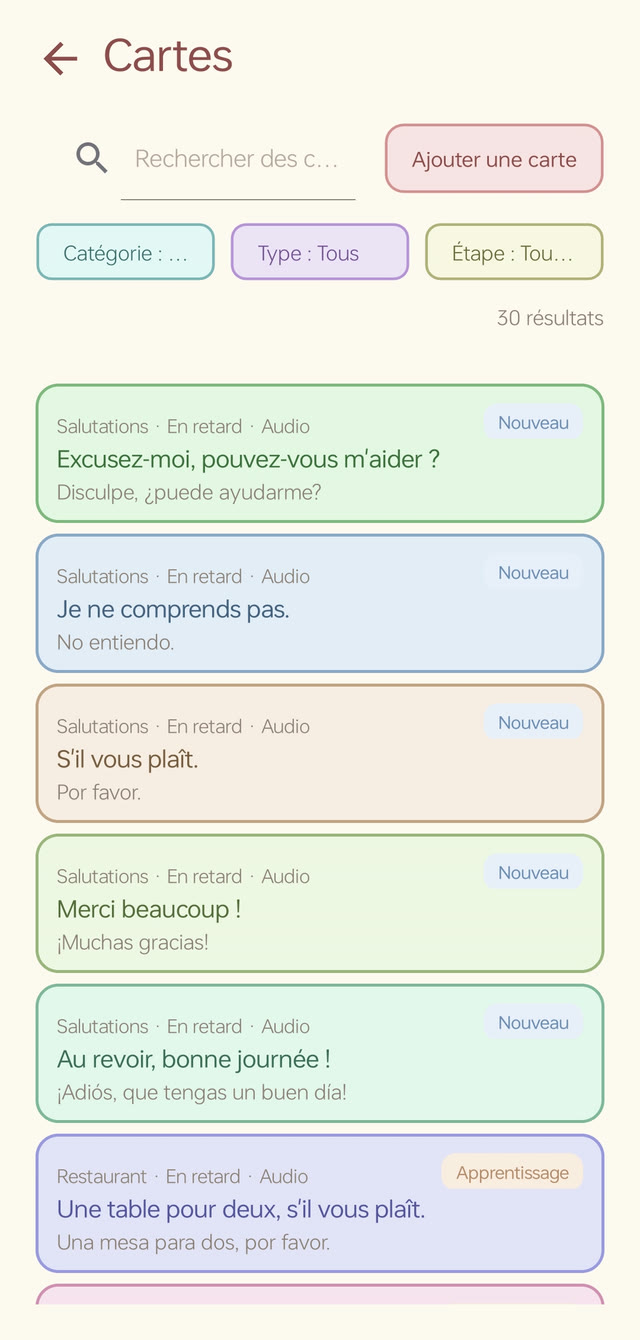 Vorelo — lista fiszek