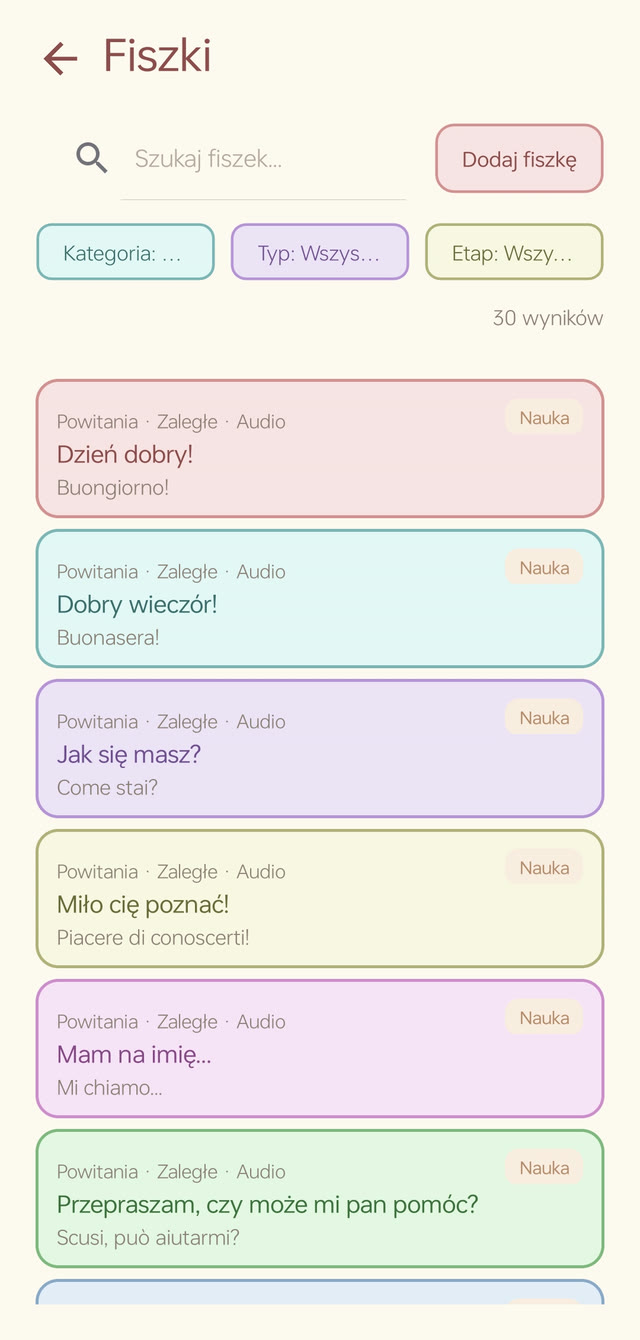 Vorelo — lista fiszek